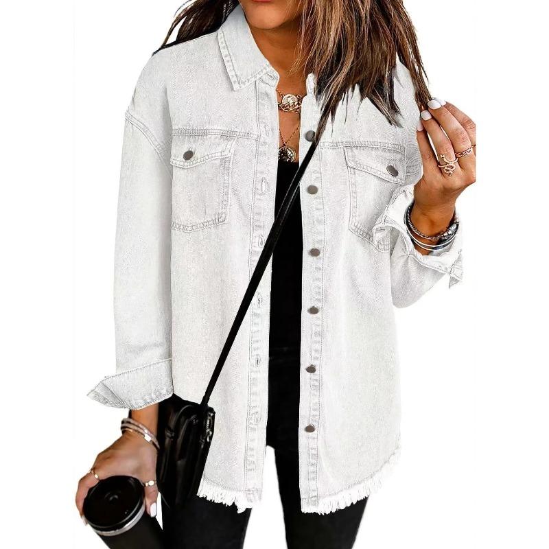 Washed Denim Jacket Women Autumn Tassel Lapel Jeans Female Casual Loose Long Sleeve Single Breasted Outerwear Shirts Coat