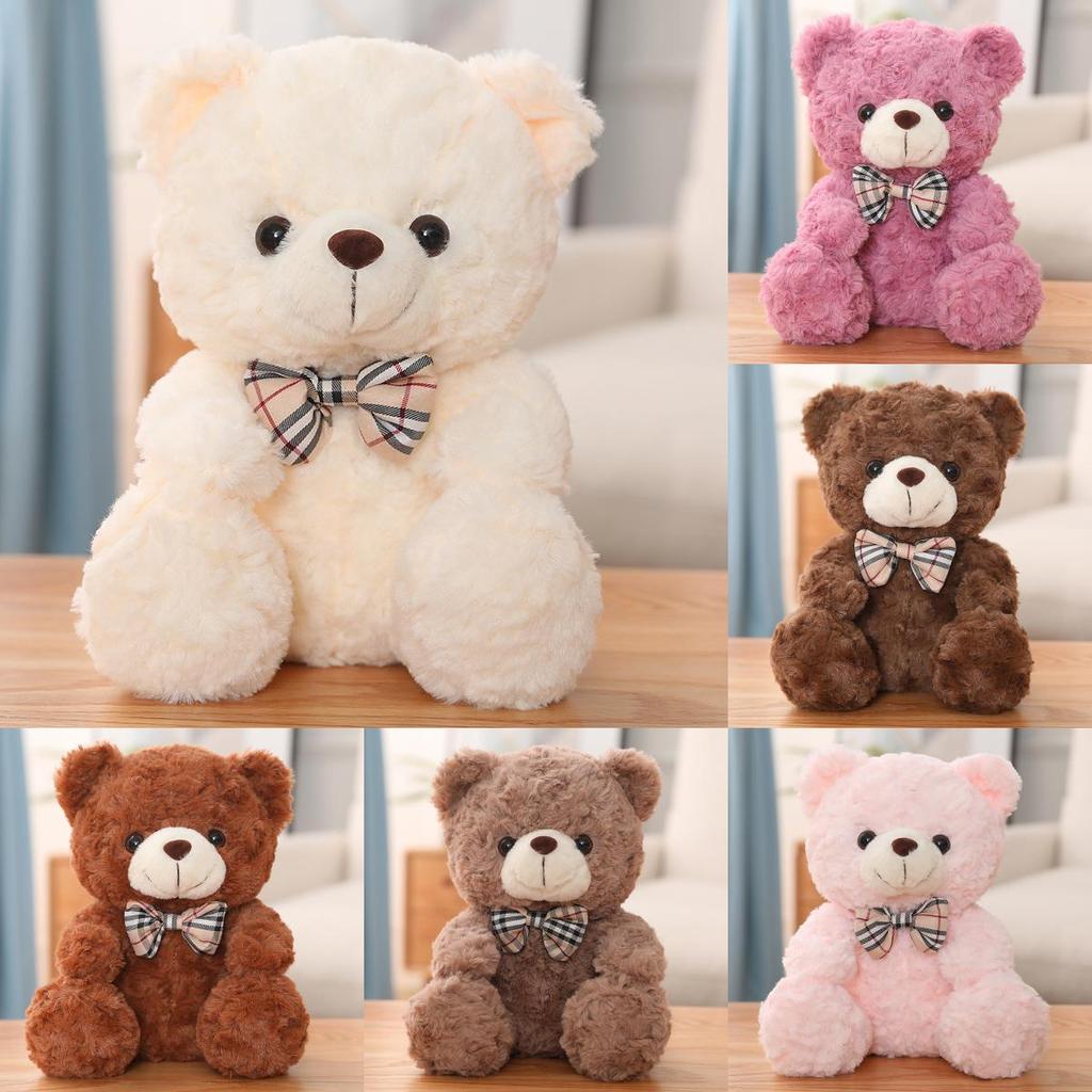 Cute Teddy Bear Plush Toy With Checkered Bow Decoration For Kids Gift Birthday