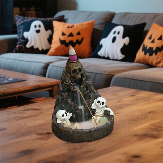 Halloween Skull Mountain Backflow Incense Burner Waterfall Incense Holder with 12 Incense Cones And Stick Resin Aromatherapy Holder for Gothic