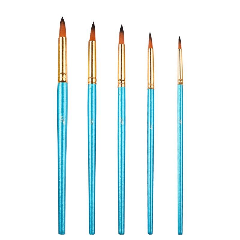 JOWOART 5 Pcs Set Watercolor Brush Pen Nib Round Head Blue Short Wood Nylon Hair Gouache Paint Brush Set Art Supplies for Painting