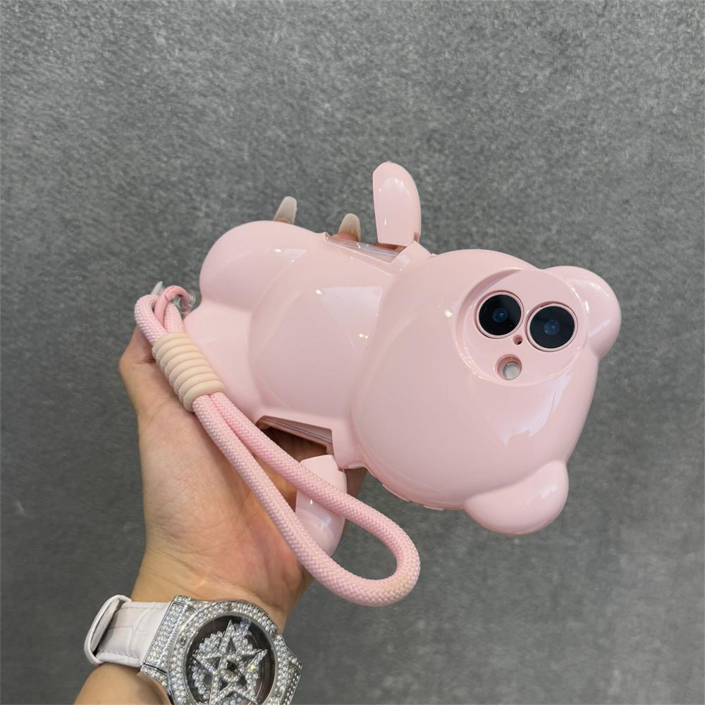 3D Cartoon Bear Wrist Chain Lanyard Phone Case for iPhone 16 15 14 13 12 11 Pro Max Plus Lovely Sweet Silicone Shockproof Cover