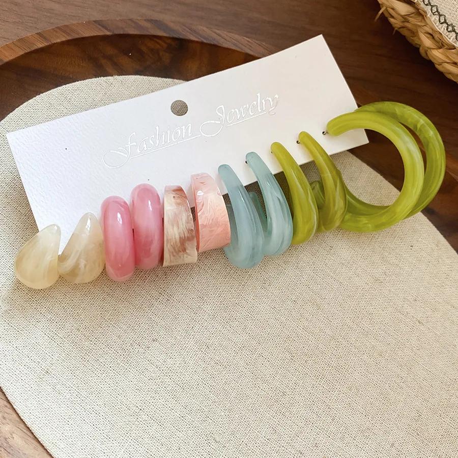 6Pcs/Set Trendy Fashion Pink Green Acrylic Resin C-shaped Hoop Earring Sets Female Elegant Daily Party Jewelry Accessory Gifts