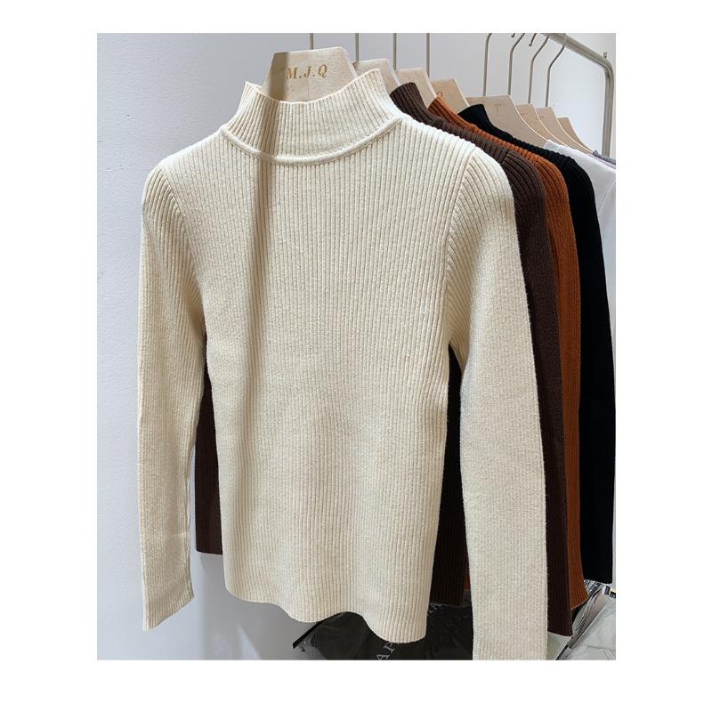 Fashion Women Knitted Bottoming Turtleneck Sweater Autumn Winter Long Sleeve Half High Collar Casual Simple Pullover Shirt Slim Fit Basic Thin Top