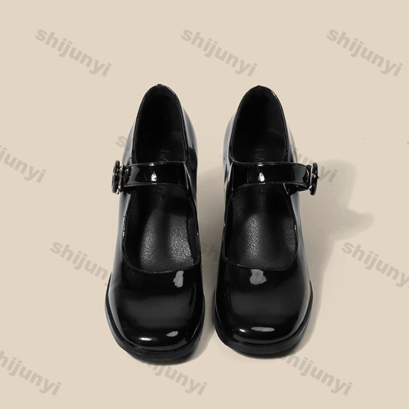 Woman Marie Janes Shoes Women British Style Black Chunky Heel Square Toe Single Shoe New Design Buckle Dress Shoes Elegant Pumps