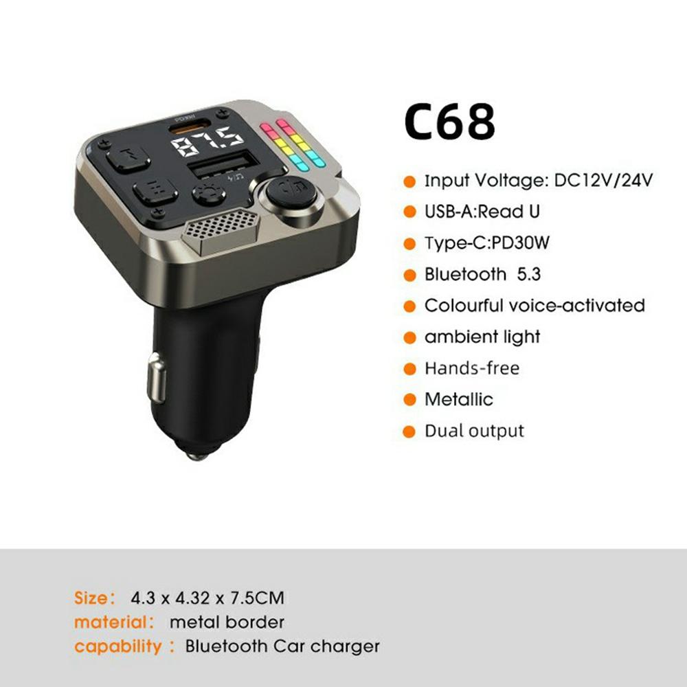 

C68 Bluetooth-compatible FM Transmitter Car Adapter PD 30W Dual Port Car Charger Music Player Hands-Free Call