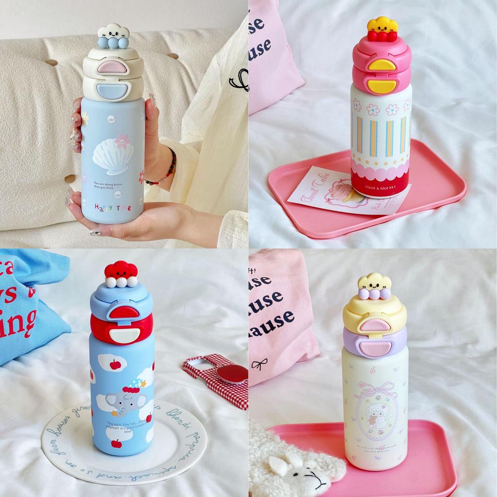 Cute Cartoon Kids Insulated Water Bottle With Double Drinking Straws For School And Travel