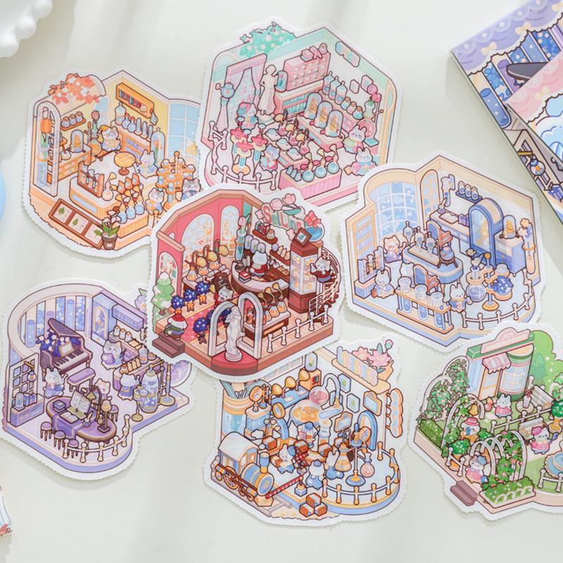 24Pcs/Bag Zoo Small Class Meow Wow Wonderland Series Scenery Sticker Book Three-Dimensional Scene Miniature Sticker Handbook Diy