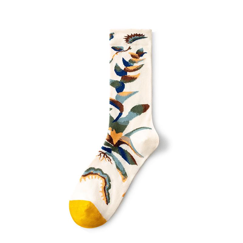 French Retro Abstract Oil Painting Mid-Calf Socks - Trendy Autumn/Winter High-Top Creative Combed Cotton for Women
