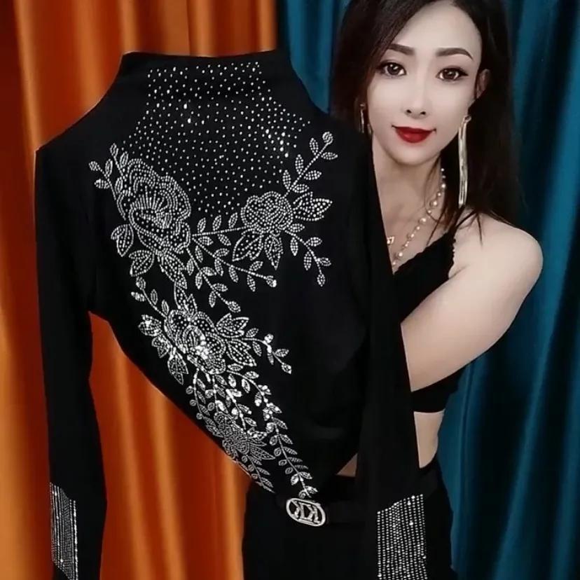 Autumn Winter Women's Fleece-lined Base Shirt Soft and Warm Double-sided Fleece Base Shirt Rhinestone Slim-fit Long-sleeve Stretch T-shirt