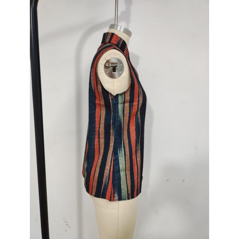 Womens Striped Print Button Down Sleeveless Casual Cardigan Shirt