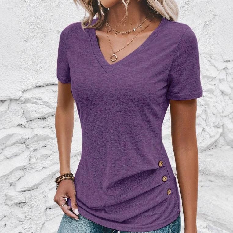 Spring and Summer High-end Slim Fit Solid Color Casual V-neck Short Sleeved Button Top Women's T-shirts