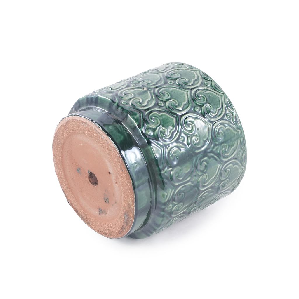 Mini Small Ceramic Plant Pot Ø19 cm, Glossy Rich Green Heart-Ornament Relief, Breathable Drainage Hole for Mini Succulents and Desktop Herbs