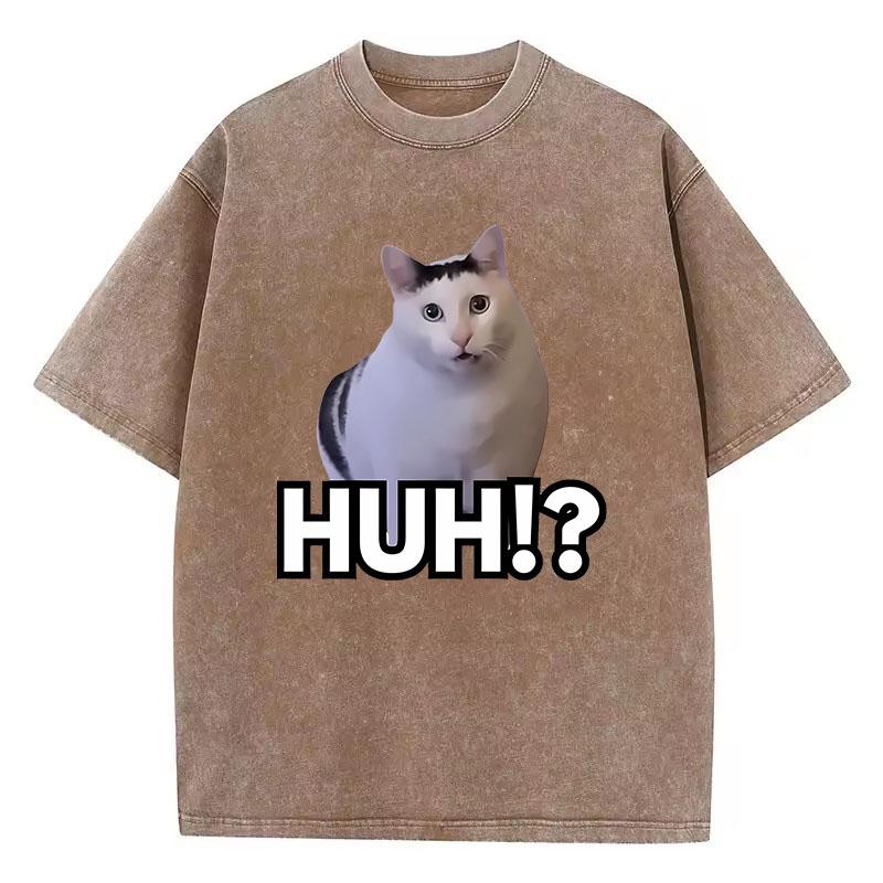 Manga T-Shirt Vintage Gewaschenes Baumwoll-T-Shirt Katze Sagt Huh Anime Grafik-T-Shirt Lässige Streetwear Frühling Sommer T-Shirt