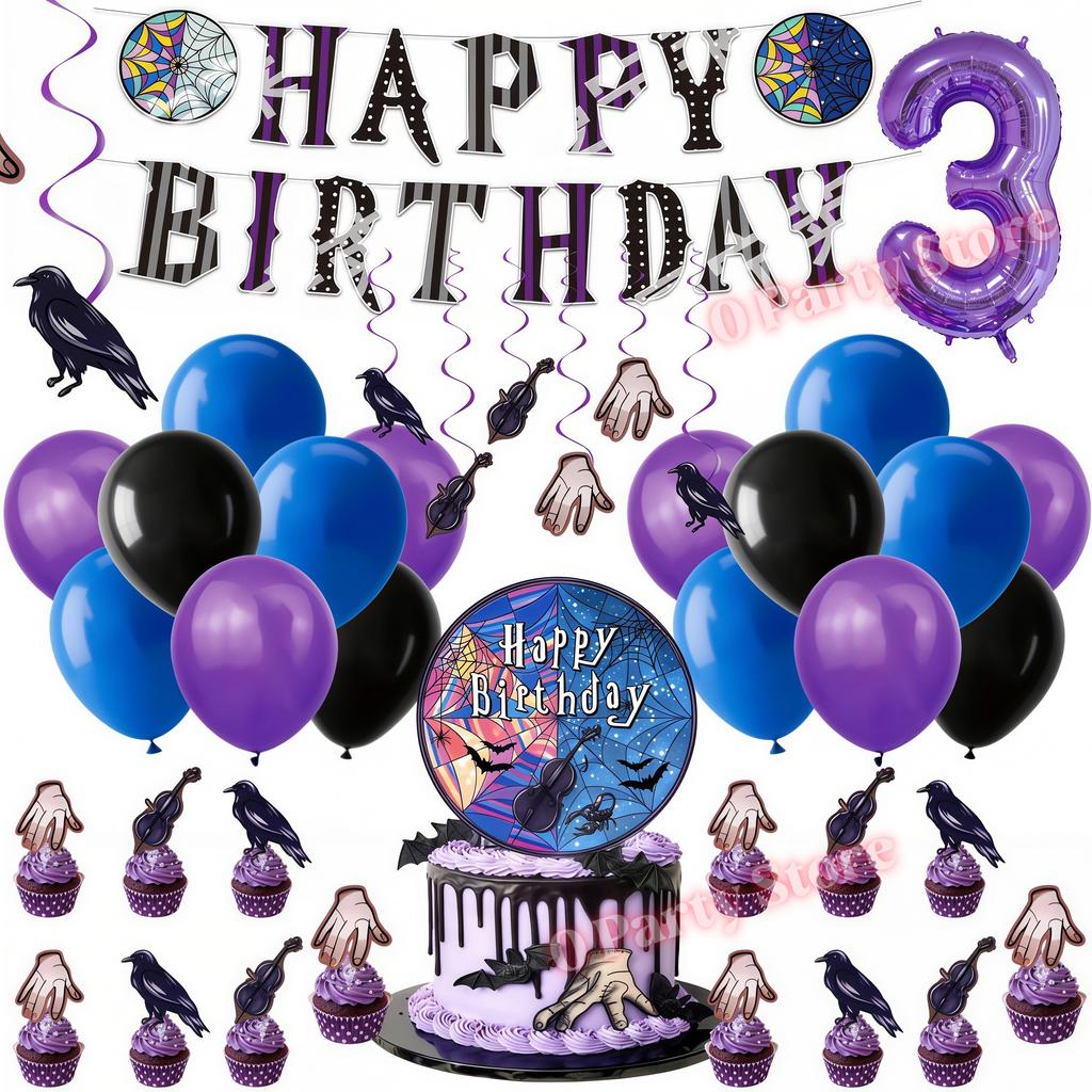 Birthday Party Decorations Supplies Kit Balloons Cups Plates Backdrop Banner Addams Theme Birthday Cake Decor Kids Favor Gifts