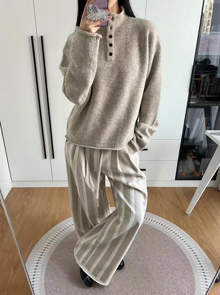 Women's Wool Henley Button-Up Loose Sweater - Autumn/Winter Lazy Style with Rolled Hem, Thick Knit