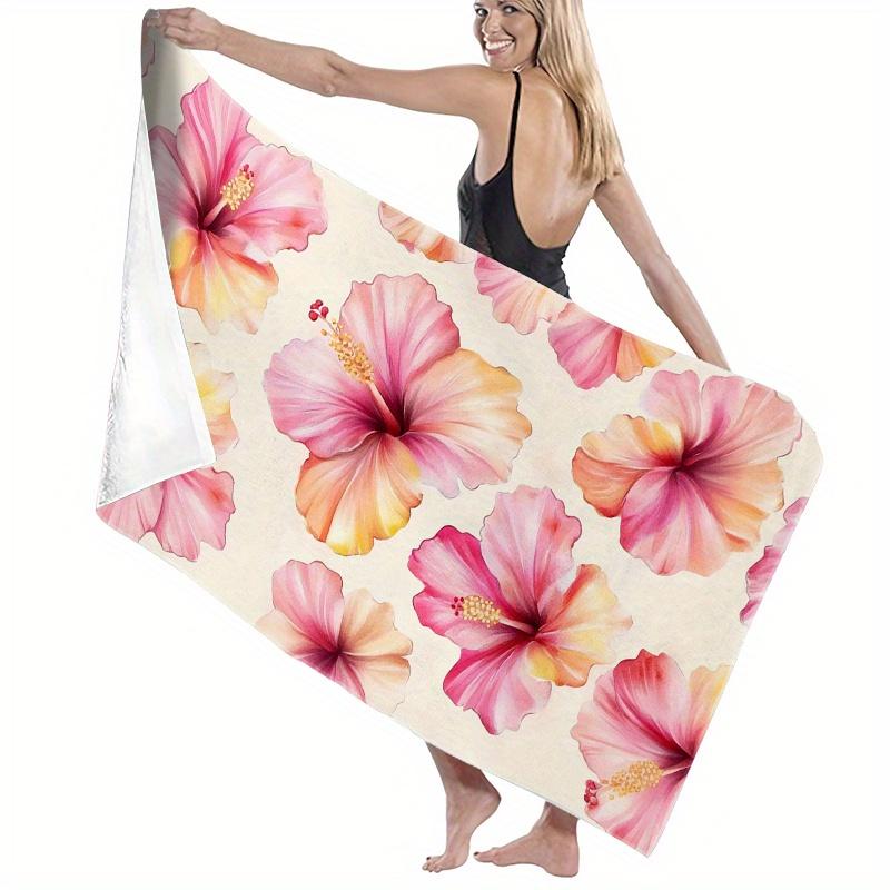 1PC Quick Dry Polyester Beach Towel, Pink Hibiscus Floral Print Soft Lightweight Towel, Unisex Absorbent Towel for Beach Camping