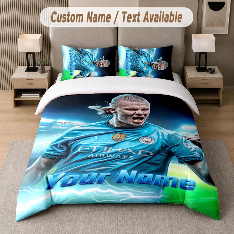 Custom Bedding Set Erling Haaland Pattern, Print Name Text 1 Duvet Cover Plus 2 Pillowcases Home Textile