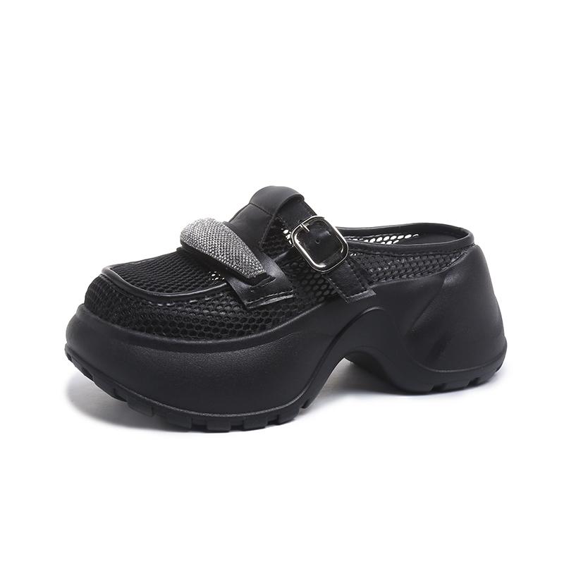 

Модные водонепроницаемые тапочки-квадраты для стола, летние новые, с круглым носком, сеткой внахлест, пайетками, металлической пряжкой, противоскользящие, износостойкие, на высоком каблуке 40 чёрный