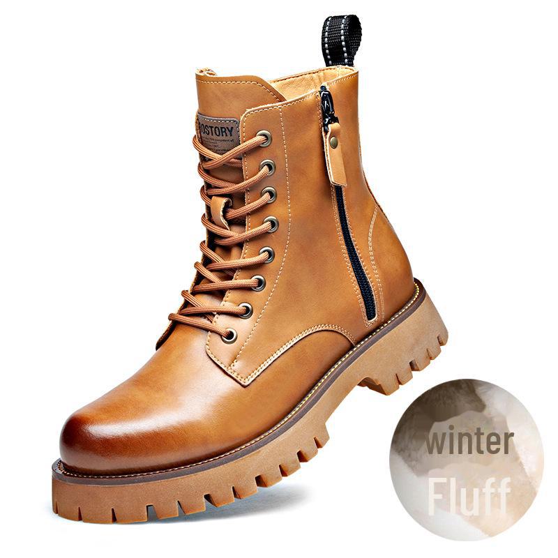 Men's Autumn & Winter Yellow Genuine Leather Boots with Thick Sole, Side Zipper, and Round Toe - Comfortable Mid-High Martin Style.