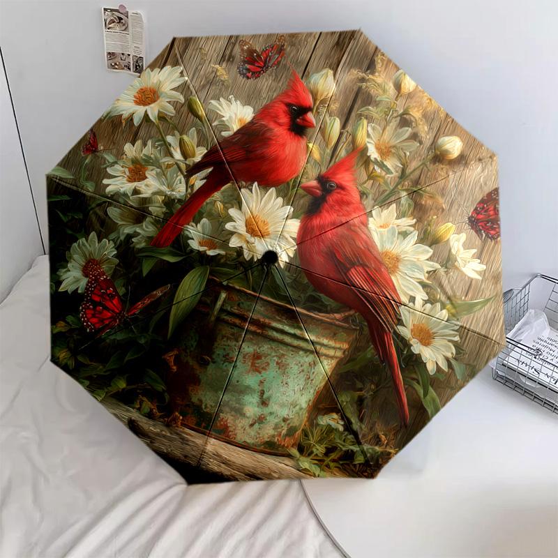 Flower Bird  Pattern, Automatic Folding Umbrella, Portable and Foldable Design, 8 Ribs, a Christmas or Birthday Gift.