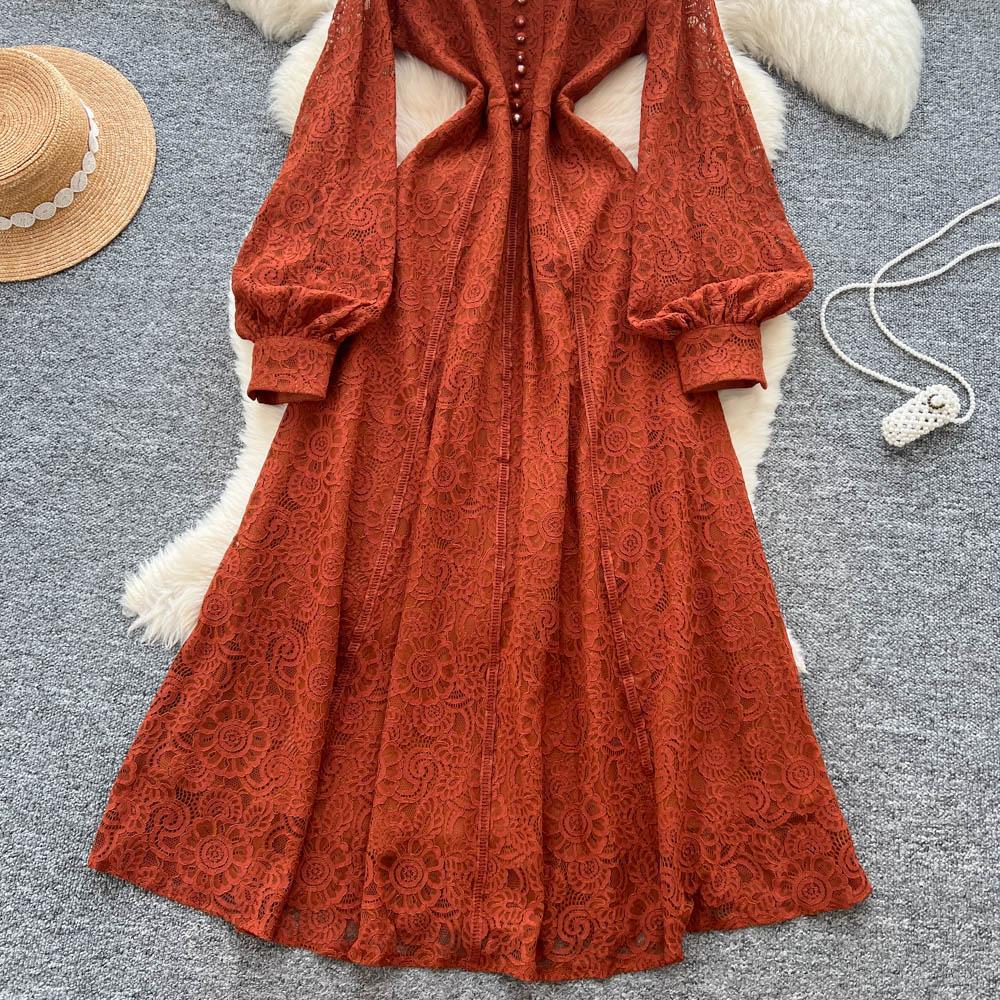 French Court Style Dress Women's Autumn High-end Single-breasted Waist and Thin Temperament Lace Long Dresses