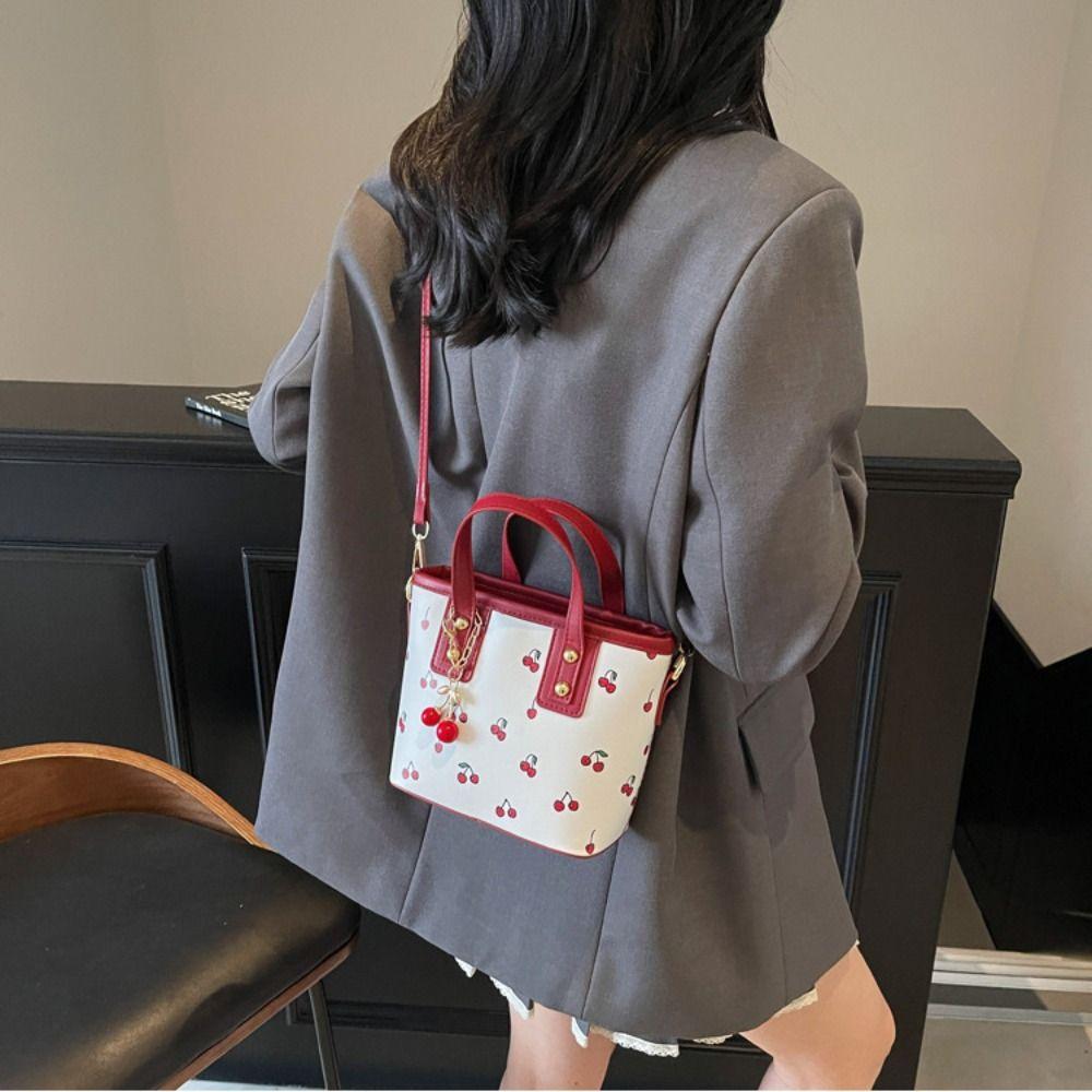 Large Capacity Cherry Crossbody Bag Cherry Pendant Square Tote Bag Bucket Shoulder Bag  Outdoor