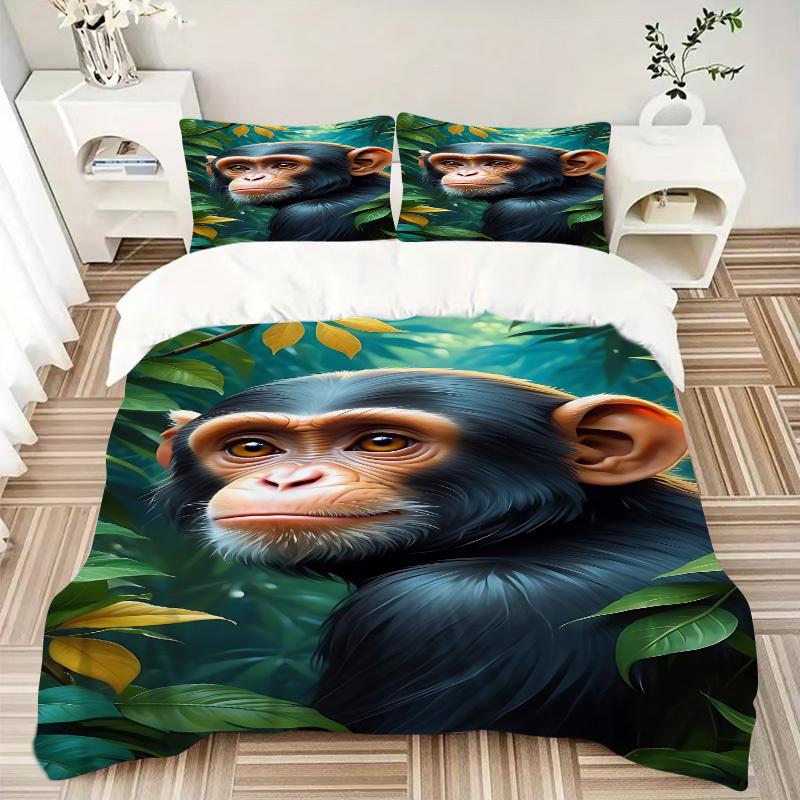 3pcs Chimpanzee, Jungle Bedding Set - 1 Duvet Cover + 2 Pillowcases(Core Not Included), Machine Washable Polyester Yy251216147