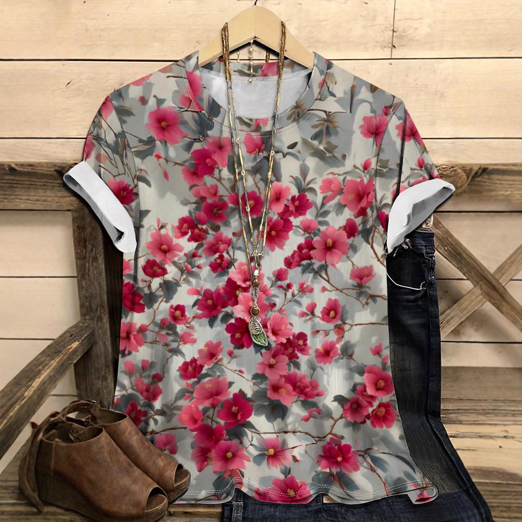 

Summer Round Neck Flower Pattern 3D Print Top Fashionable Casual Short Sleeved Women s T-shirts XS