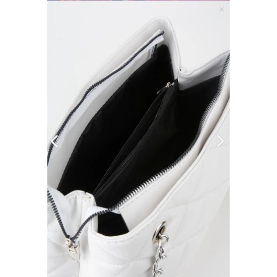 Weiße, gesteppte Handtasche und Umhängetasche aus Leder mit 3 Fächern, Reißverschluss und Kettenriemen, gefüttert