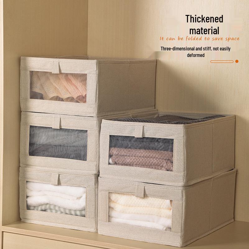 Duży Japoński Bawełniano-Lniany Pojemnik do Przechowywania z Widocznym Okienkiem, Składany Materiałowy Kosz na Ubrania