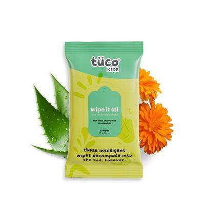 TuCo® Çocuklar Her Yeri Sil Yüz, Eller ve Yüzey Islak Mendilleri 3+ Yaş Çocuk Cildi İçin, Aloe Vera ve Aynısefa ile Zenginleştirilmiş - 20 Mendil (1'li Paket)