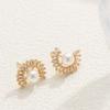 LNCHRAN Elegant Gold Fan-Shaped Copper Earrings with Synthetic Zirconia and Faux Pearls for Women