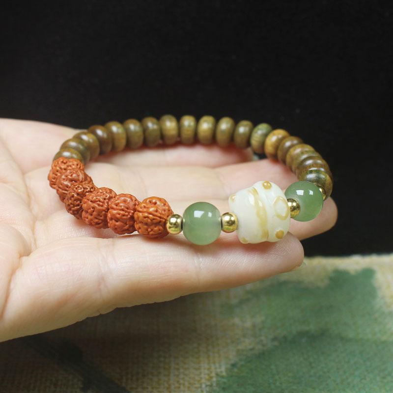 Green Sandalwood Abacus Beads & Rudraksha Bodhi Bracelet, Wooden Flower Chinese Style Mala for Men Women