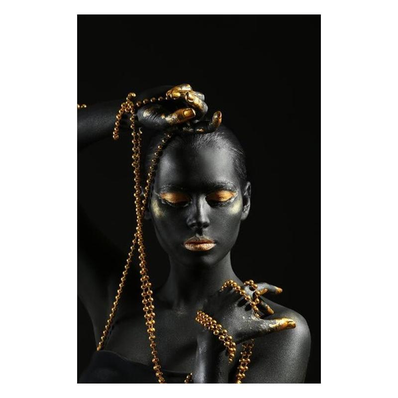 Black Woman Holding Golden Jewelry Canvas Paintings On The Wall Art Posters And Prints African Girl Body Art Pictures Wall Decor