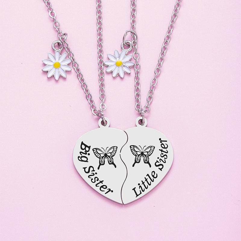 

2 Pcs/Set Stainless Steel Sisters Heart Matching Necklace Daisy Charm Big Sister Little Sister Butterfly Necklaces