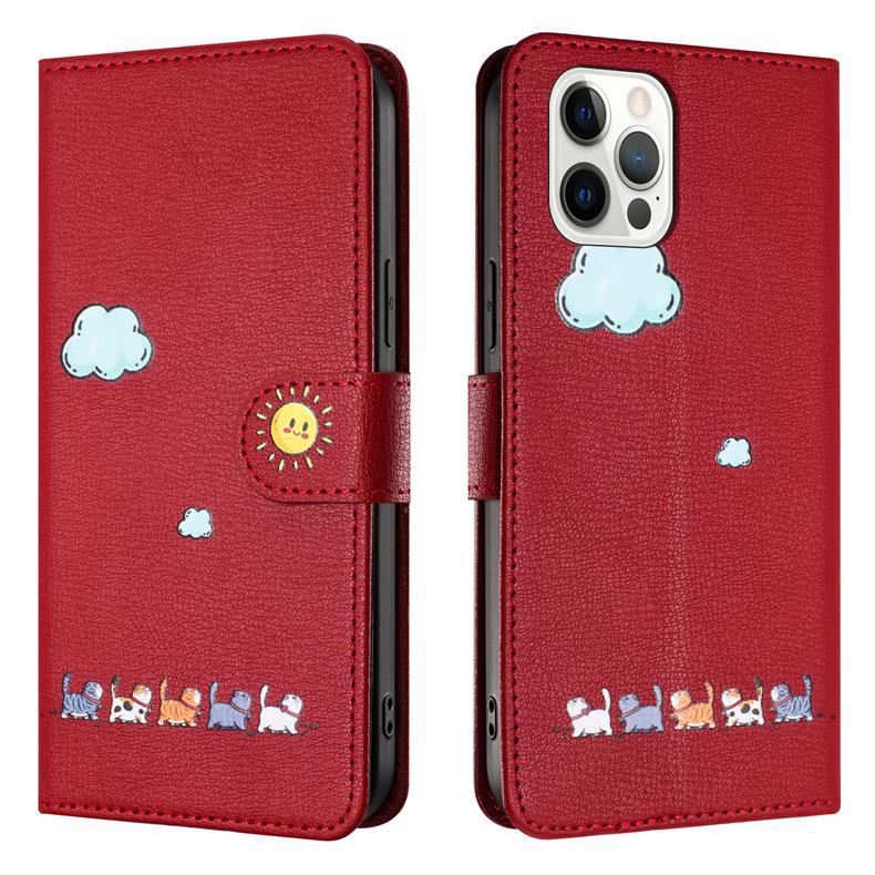 Suitable for Apple 16 Pro Max Phone Case, iPhone 15 Leather Case, Cartoon Painted Case, Flip Cover with Card Slot, 14 Protective Case