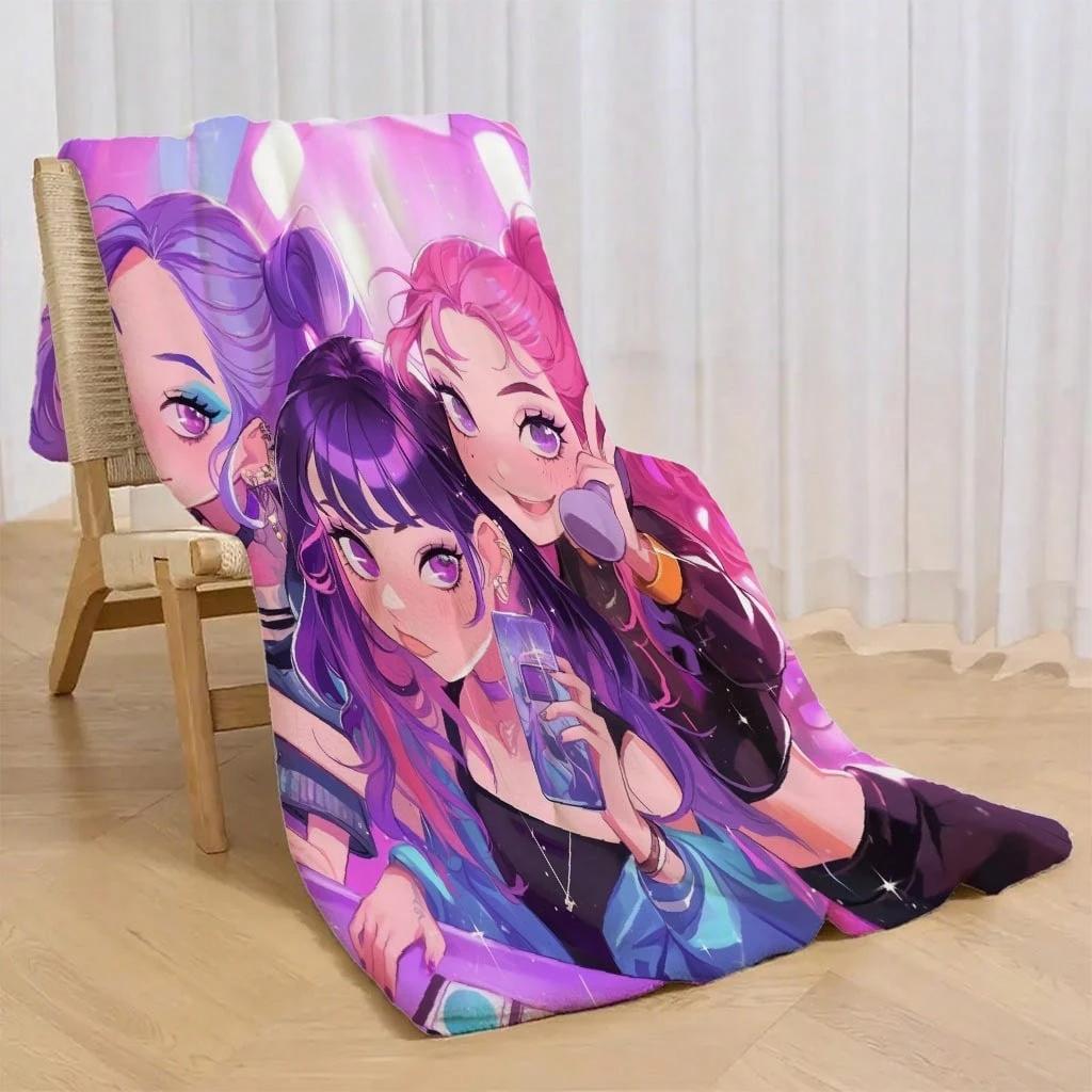 1pc Cute Anime Girls Flannel Blanket, 2D Print Flannel Throw, Purple Pink Kawaii Anime Blanket for Bedroom Living Room Camping,