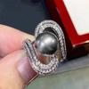 Huitan Luxury Women Rings Black Simulated Pearl Finger Accessories Party Holiday Unique Design Inlaid Shiny CZ  Jewelry