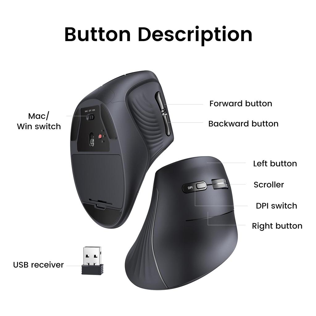 Mouse fără fir UGREEN Vertical Silențios Bluetooth Wireless 6 butoane DPI Previne brațul mouse-ului Design ergonomic Compatibil cu Black 5.0 2.4GHz