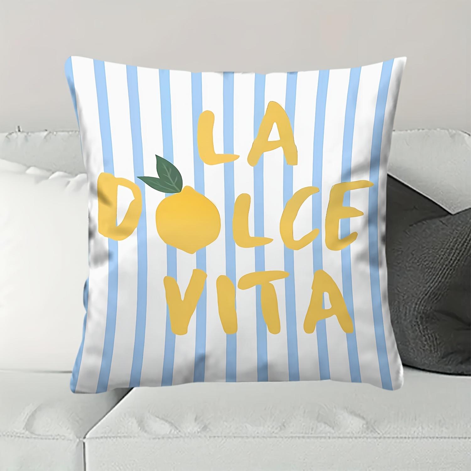 La Dolce Vita Lemon Pillowcase Blue White Striped Cushion Cover Italian Summer Quote Decor Living Room Sofa Throw Pillow 40cmx40cm