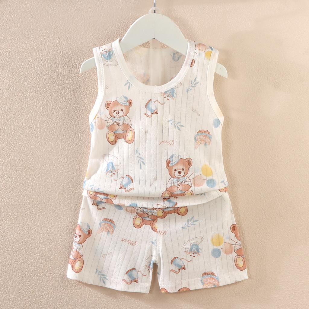 Koreańska wersja zestawu kamizelki dla dzieci Nowy chłopięcy i dziewczęcy dziecięcy kreskówkowy cienki zestaw bez rękawów kamizelki i szortów modny