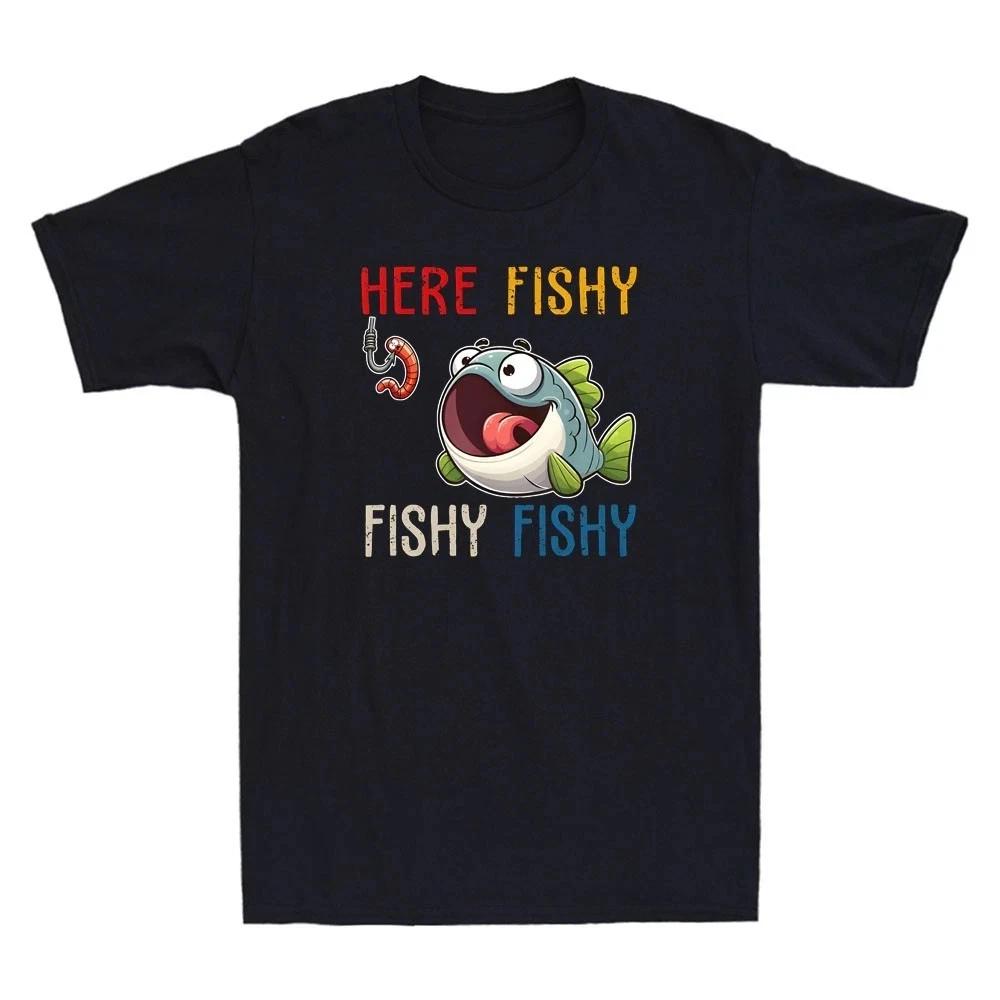 Here Fishy” Funny Fisherman Fishing Lover Cute Worm Meme Retro Men’s T-Shirt 2XL