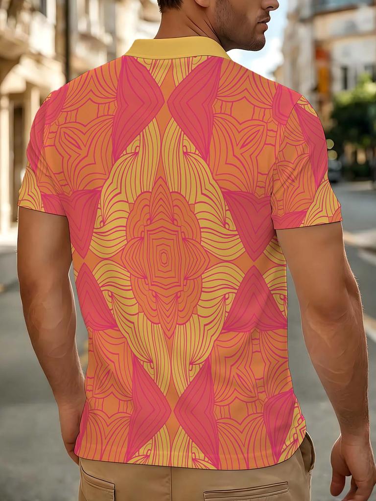 [Printed Design – Not Textured] Bright Yellow Collar Orange Pink Mandala Floral Line Art All-Over Print Men's Polo Shirt