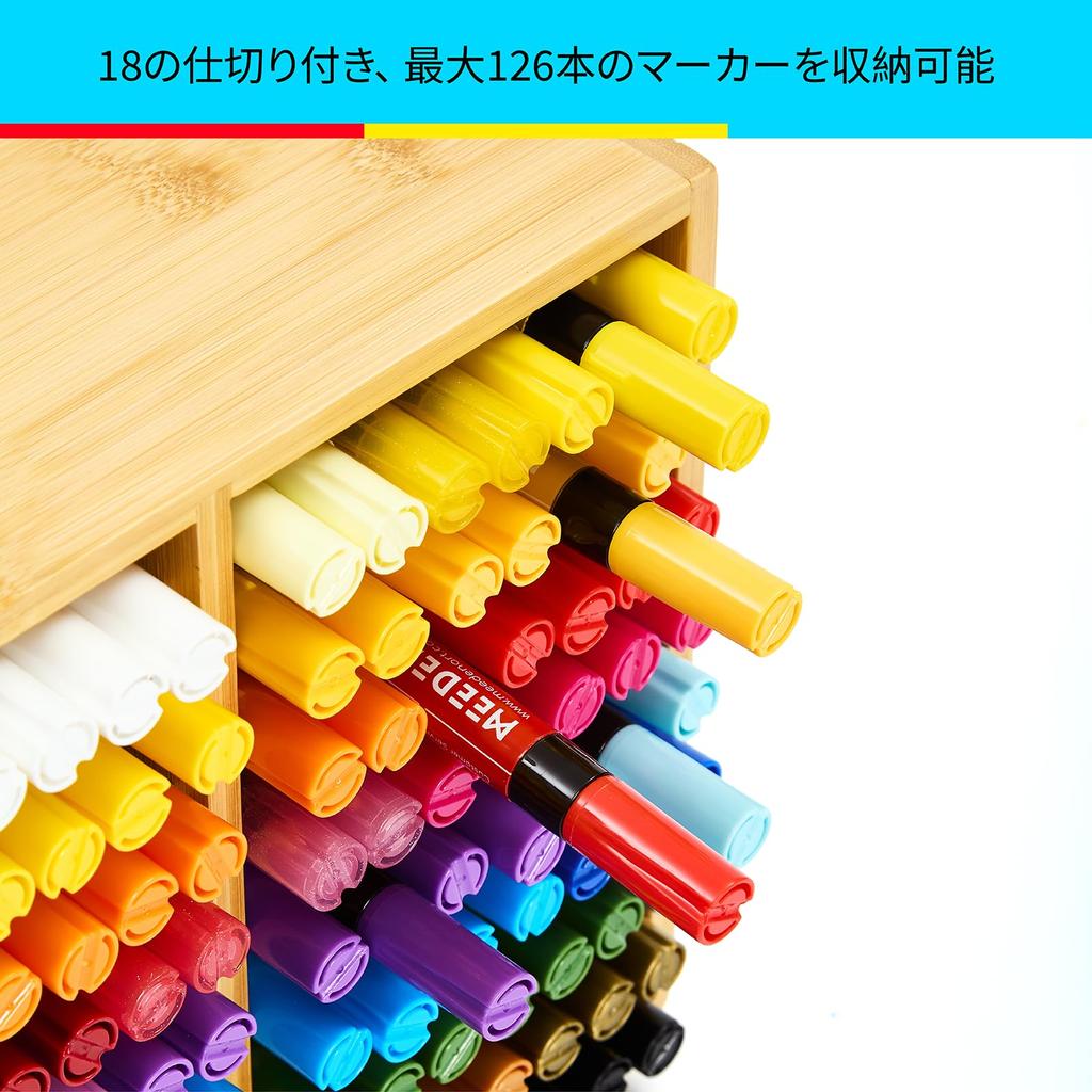 MEEDEN Bamboo Marker Storage Holder with 18 Compartments, Holds 126 Markers, Alcohol Markers, Pens, Pencils, Art Supplies, Desk Organizer