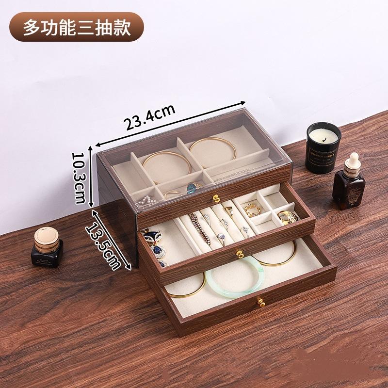 Vintage Walnut Jewelry Organizer Earrings Necklace Dust Jewelry Box Home Desktop Large Capacity 3 Layer Jewelry Box