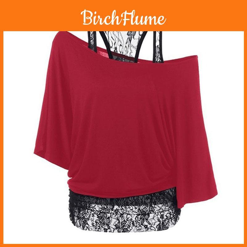 Plus Size Women Loose Vest Lace Stitching Oblique Collar Bat Fashion Tshirt