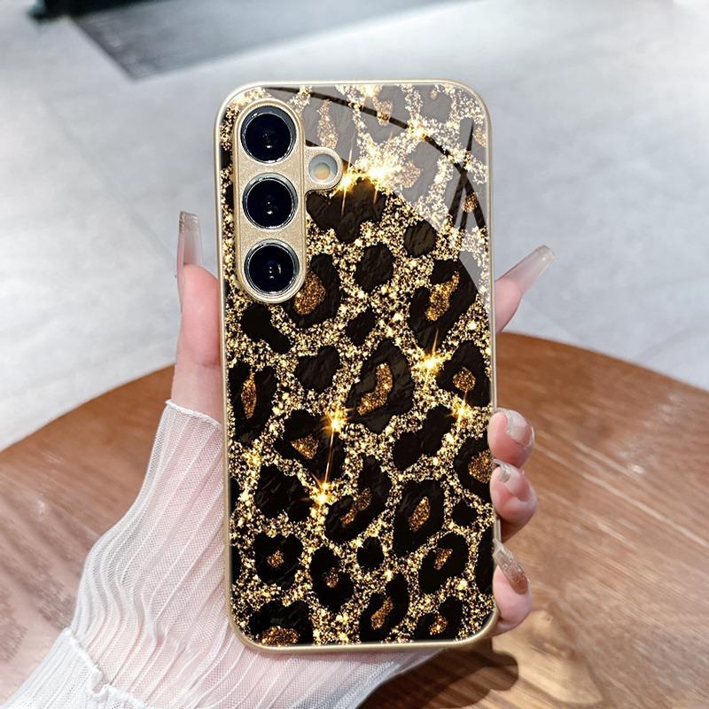 Flash Gold Leopard Pattern Gold Metallic Paint Glass Phone Case For iPhone 17 11 12 13 14 15 16 Pro Max 15 Plus 17Air 16E Cover