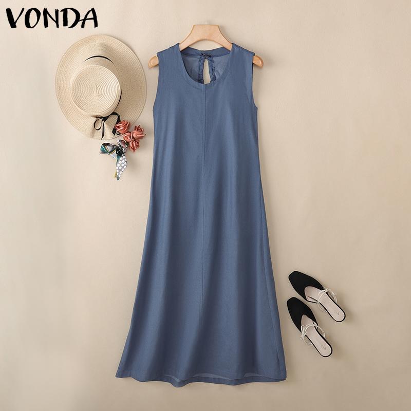 

VONDA Women Round Neck Sleeveless Backless Drawstring Casual Long Dress 5XL синий