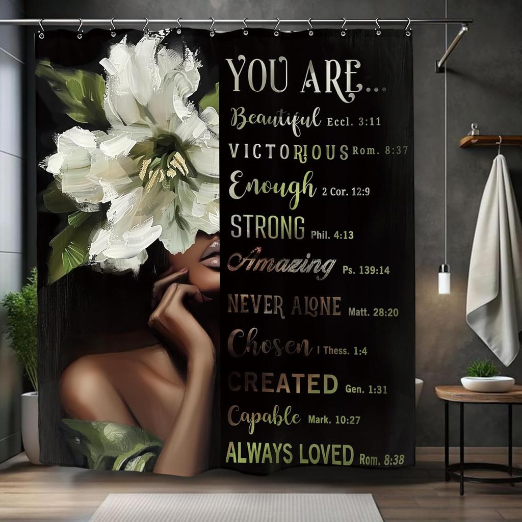African American Olive Green Shower Curtain Black Girl Flower Oil Painting Art Bathroom Accessories Decoration with 12 Hooks