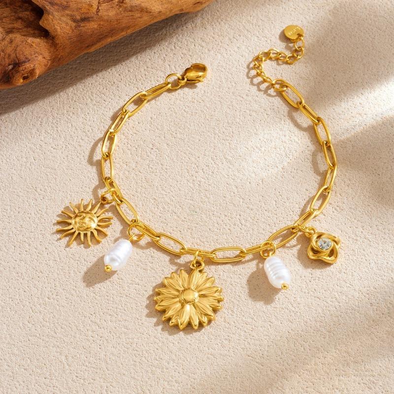 Gold Sunflower Sun Charm Bracelet with Pearl